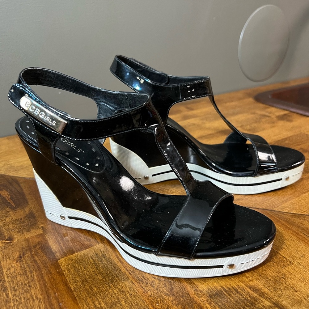 BCBGirls Black and White Patent Wedges